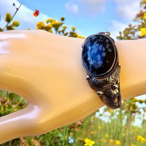 Native American Snowflake Obsidian Sterling Silver Cuff Bracelet Signed L Pina